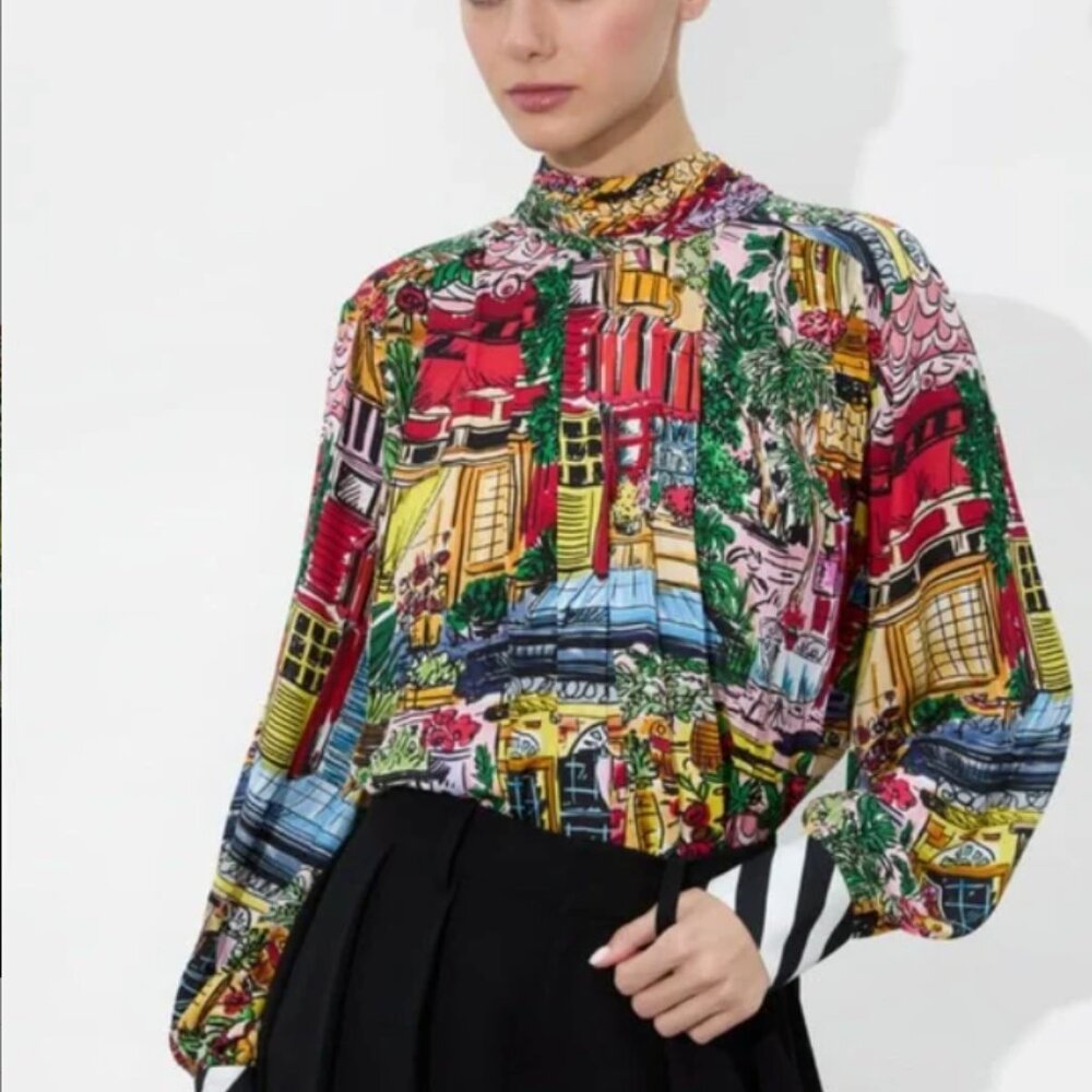 NWT Alice + Olivia Gertrude Blouse Vacation Dreams, M